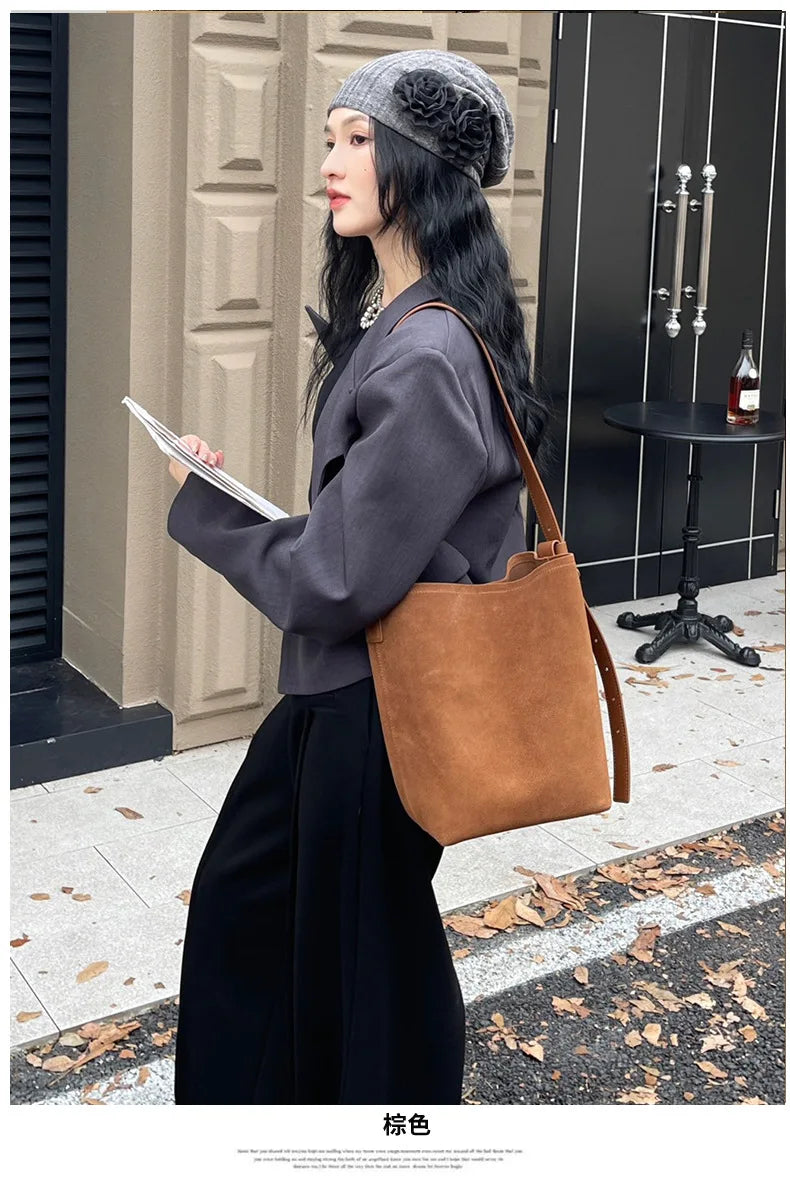 Motingsome Frosted Cowhide Bucket Bag Women Luxury Suede Leather Purses Lazy Style Crossbody Shoulder Winter Large Bag 2024 New