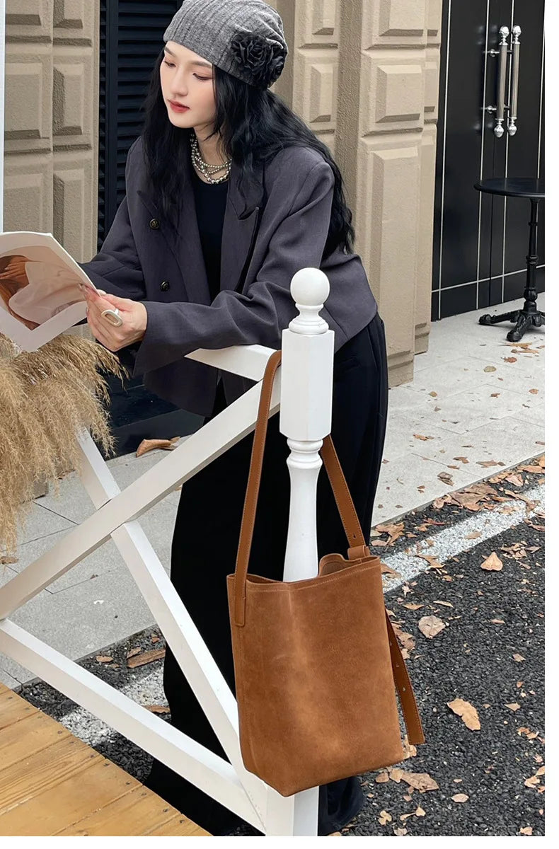 Motingsome Frosted Cowhide Bucket Bag Women Luxury Suede Leather Purses Lazy Style Crossbody Shoulder Winter Large Bag 2024 New