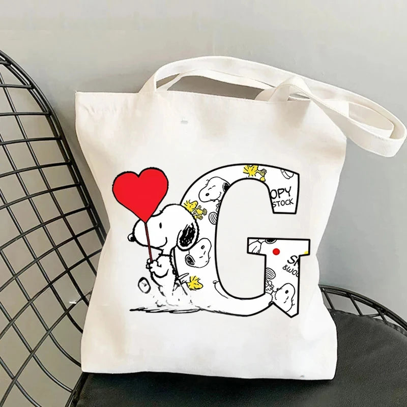 Snoopy Simple High-capacity Canvas Bags Women Anime Letter A-Z Printing Shopping Handbag Students Daily Portable Shoulder Bag