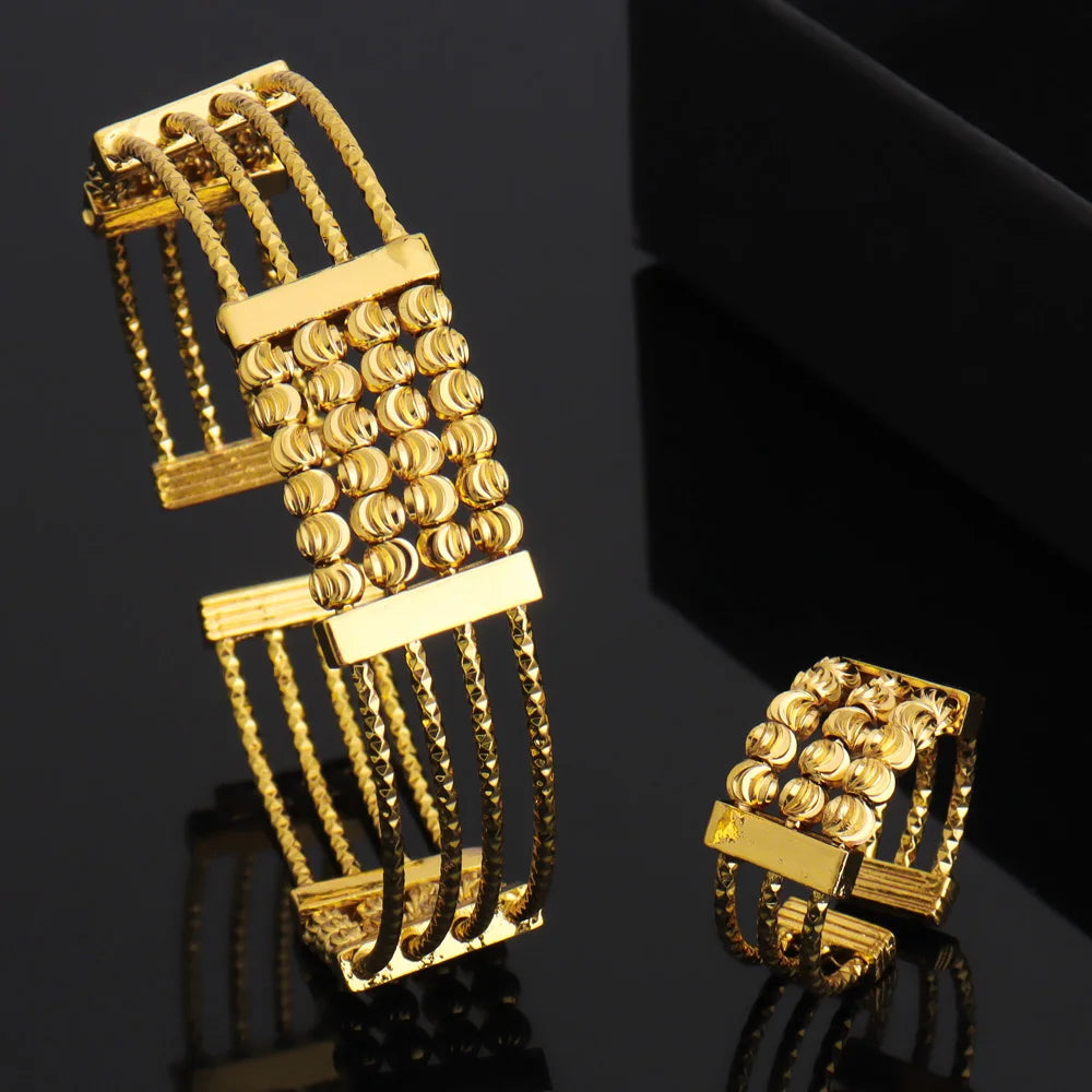 Noble Dubai Gold Color Jewelry Set For Women Luxury Multi Layer Bangle And Multi Bead Ring For Easter Gifts Wedding Arabic Party