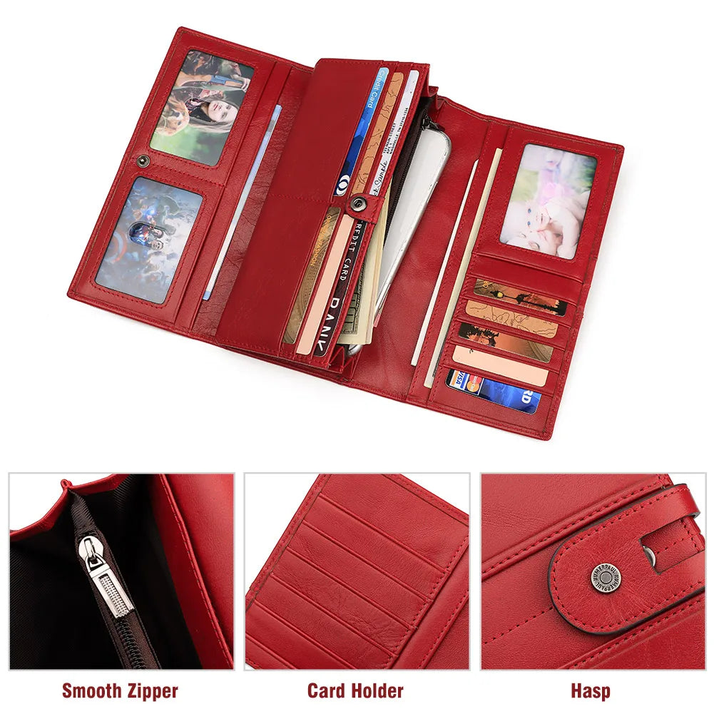 Fashion Women's Wallet RFID Original Leather Purses with Coins and Cards Large Capacity Female Trifold Handy Clutch Phone Bag