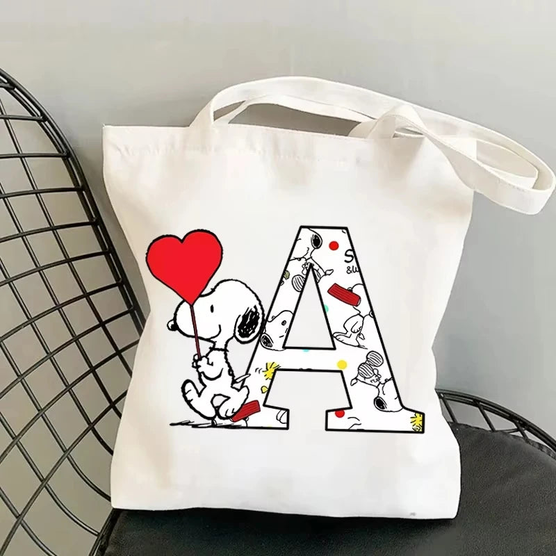 Snoopy Simple High-capacity Canvas Bags Women Anime Letter A-Z Printing Shopping Handbag Students Daily Portable Shoulder Bag