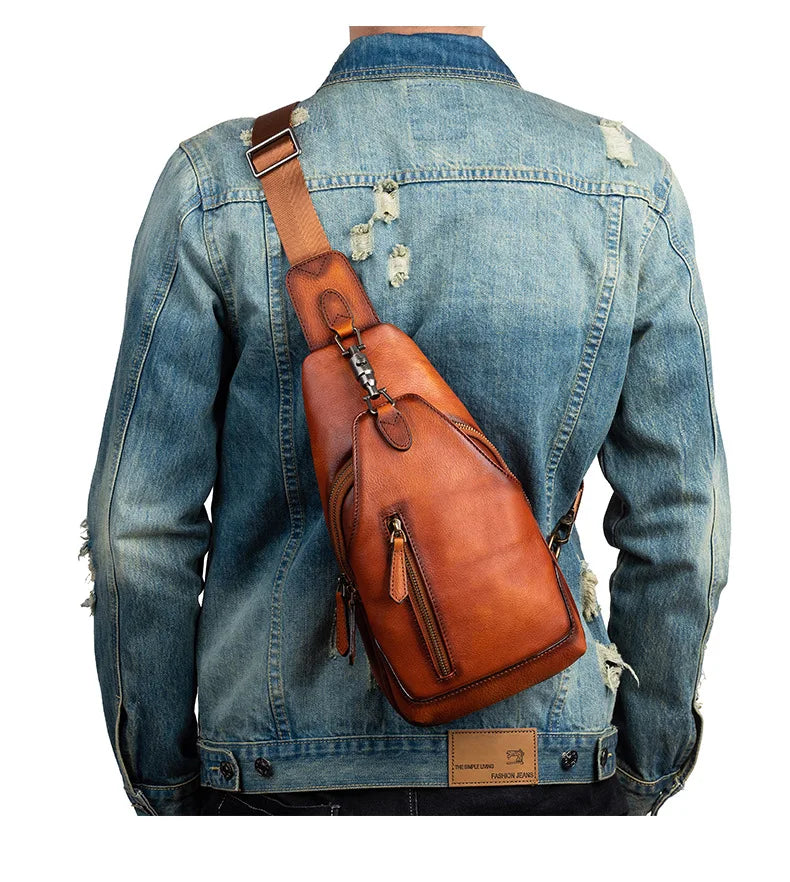 Anti theft  Men's Bag Luxury Brand Designer Single Shoulder Chest Bag Leather Male Crossbody Chest Pack Street Small Sling Bag