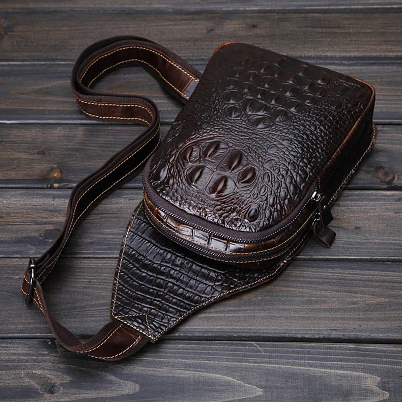 Men's Genuine Leather Crossbody Bag Vintage Crocodile Embossed Luxury Shoulder Bag Chest Bag Designer Adjustable Strap Zipper