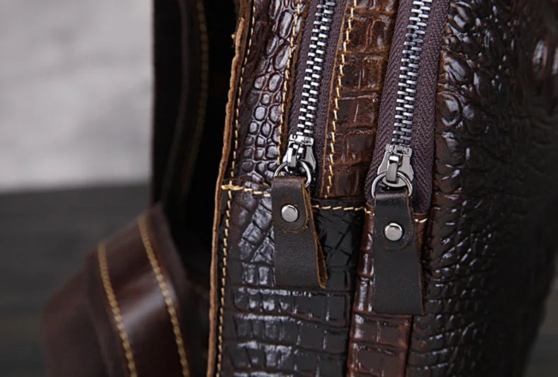 Men's Genuine Leather Crossbody Bag Vintage Crocodile Embossed Luxury Shoulder Bag Chest Bag Designer Adjustable Strap Zipper