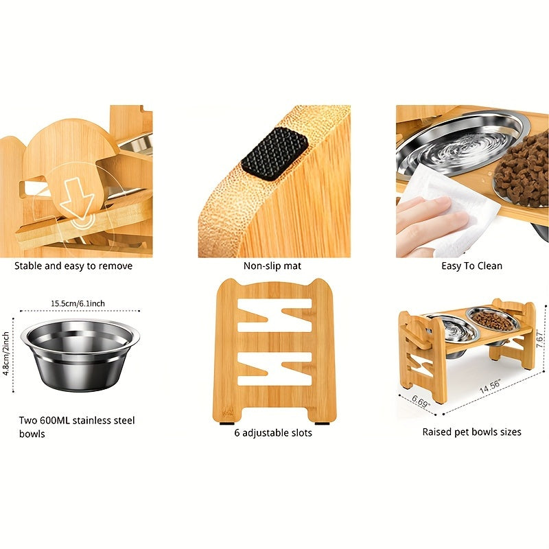 [2-Bowl Elevated Adjustable Dog Feeder] Elevated Adjustable Height Wooden Dog Feeder Stand with 2 Stainless Steel Bowls, Raised Dog Food And Water Bowls Stand for Neck Protection